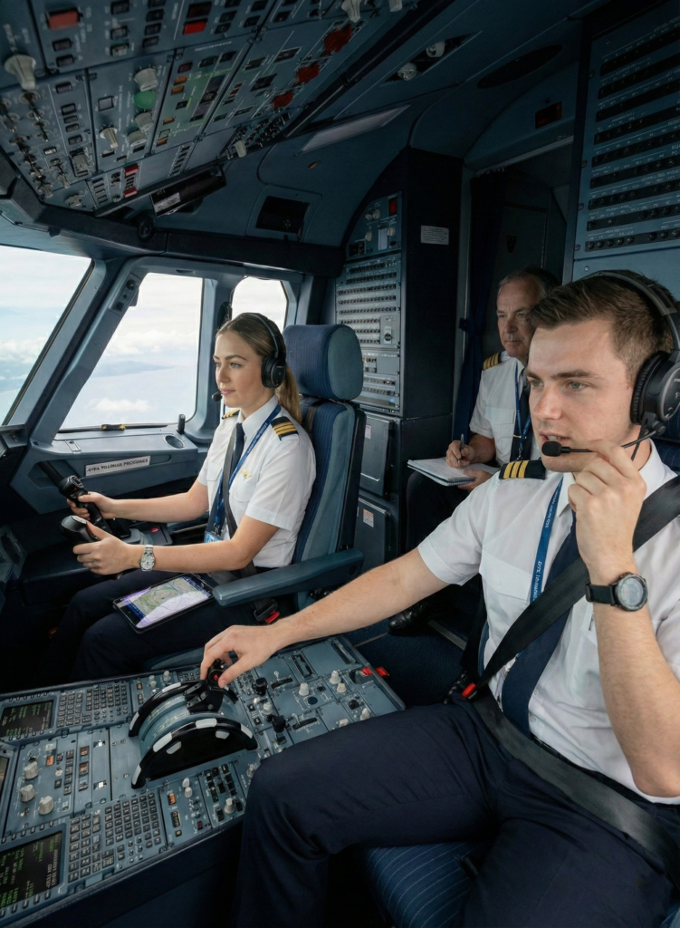 Airline pilot training in a cockpit